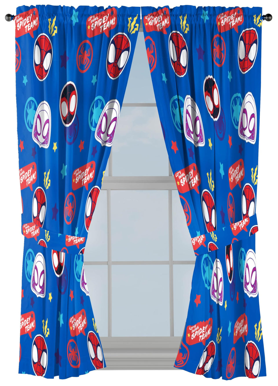 Jay Franco Spidey and His Amazing Friends curtains on rod, vibrant blue design.