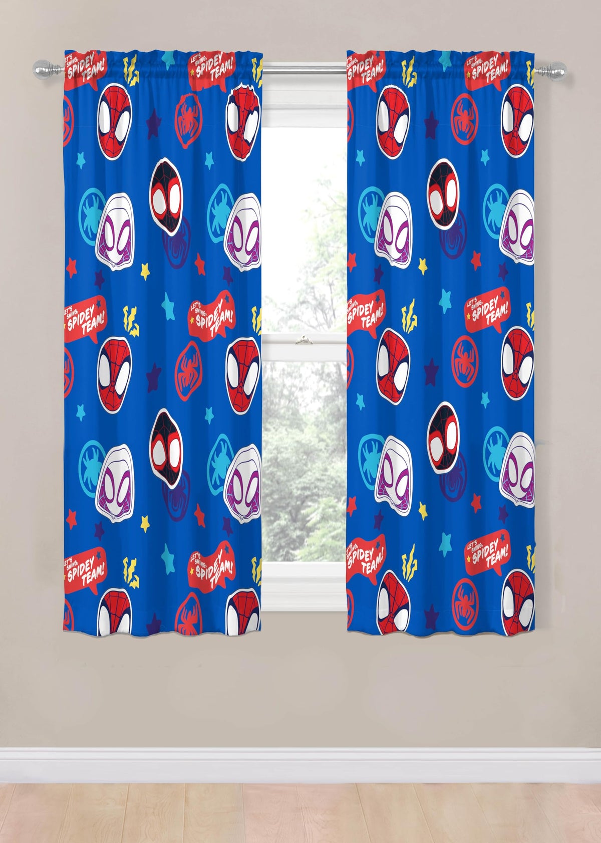 Jay Franco Spidey curtains close-up of bold design and colors.