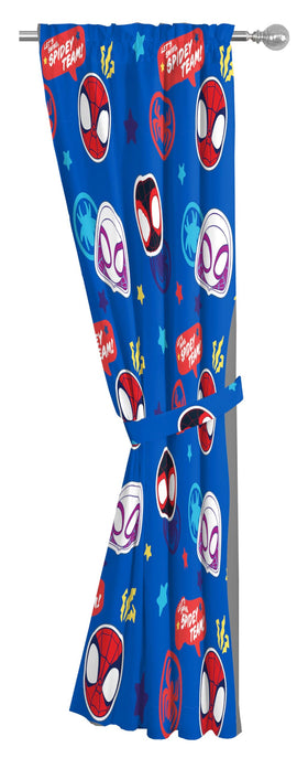 Jay Franco Spidey curtains tied back for light control and style.