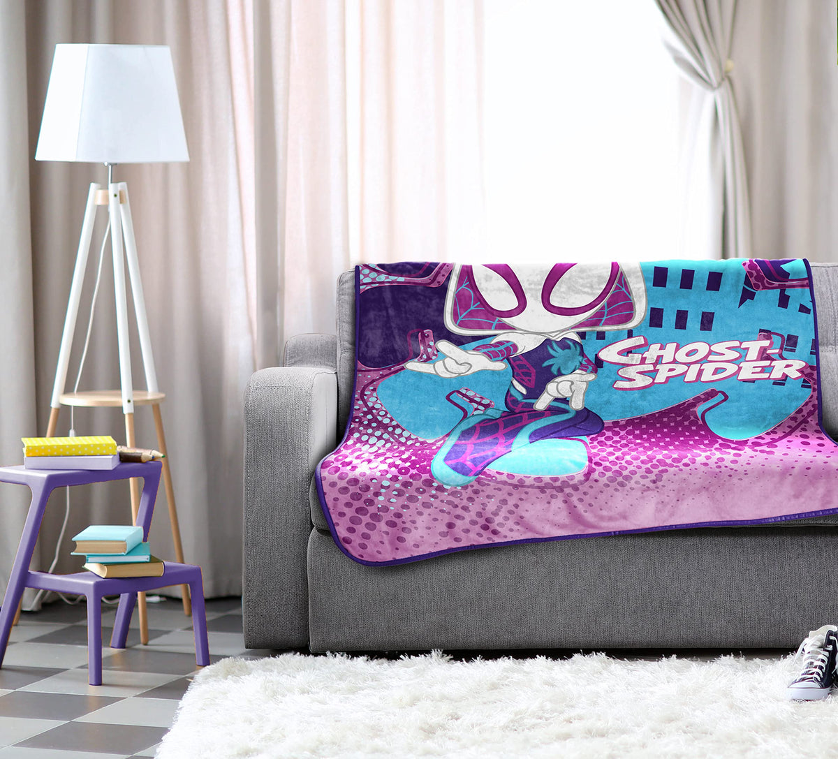 Jay Franco Ghost Spider Gwen blanket back view shows durable fleece for year-round use.