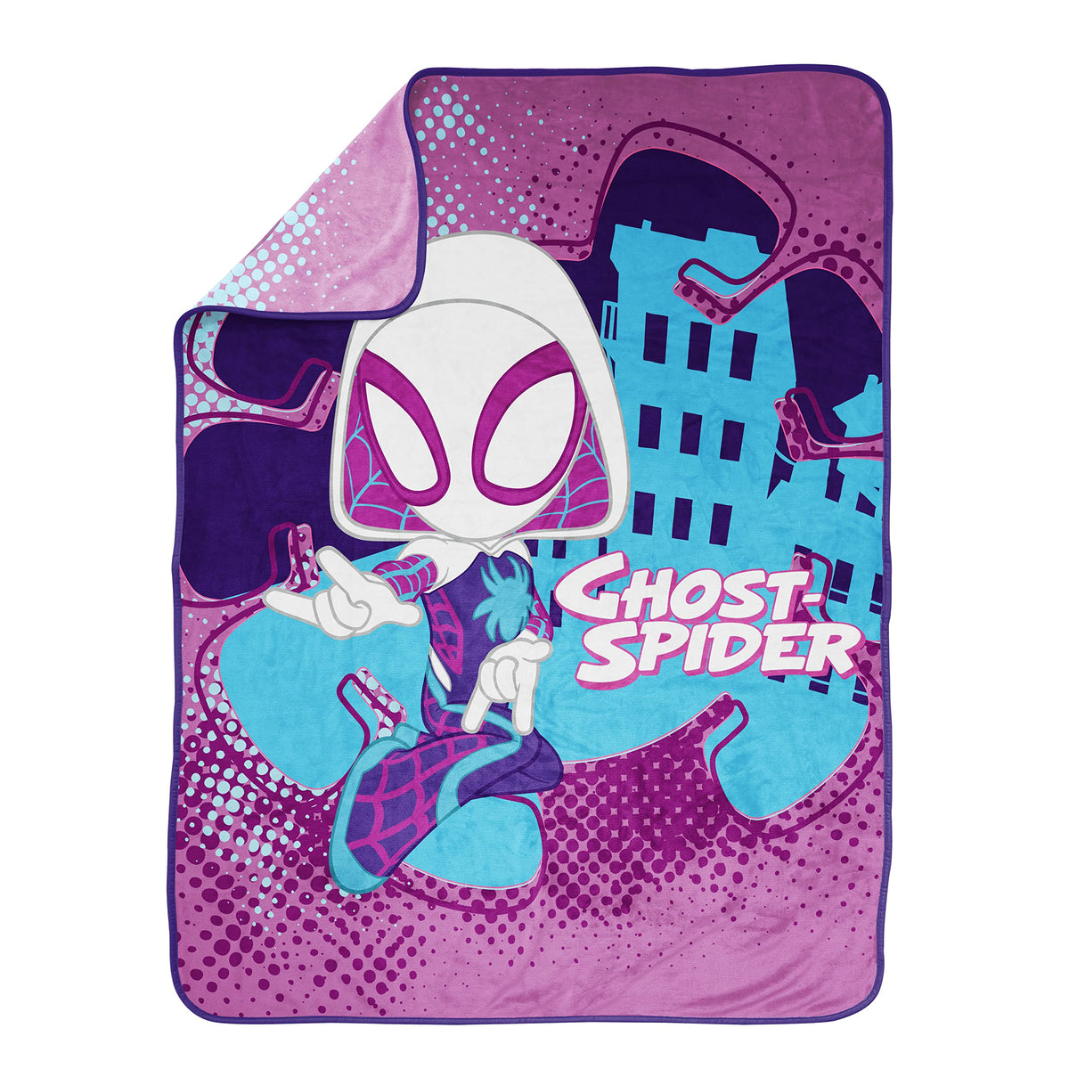 Jay Franco Ghost Spider Gwen fleece close-up reveals plush texture for cozy nights.