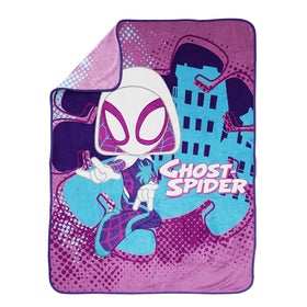 Jay Franco Ghost Spider Gwen fleece close-up reveals plush texture for cozy nights.