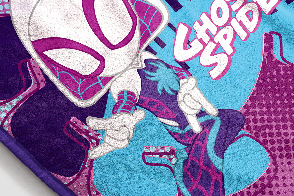 Jay Franco Ghost Spider Gwen blanket folded for easy storage and travel.