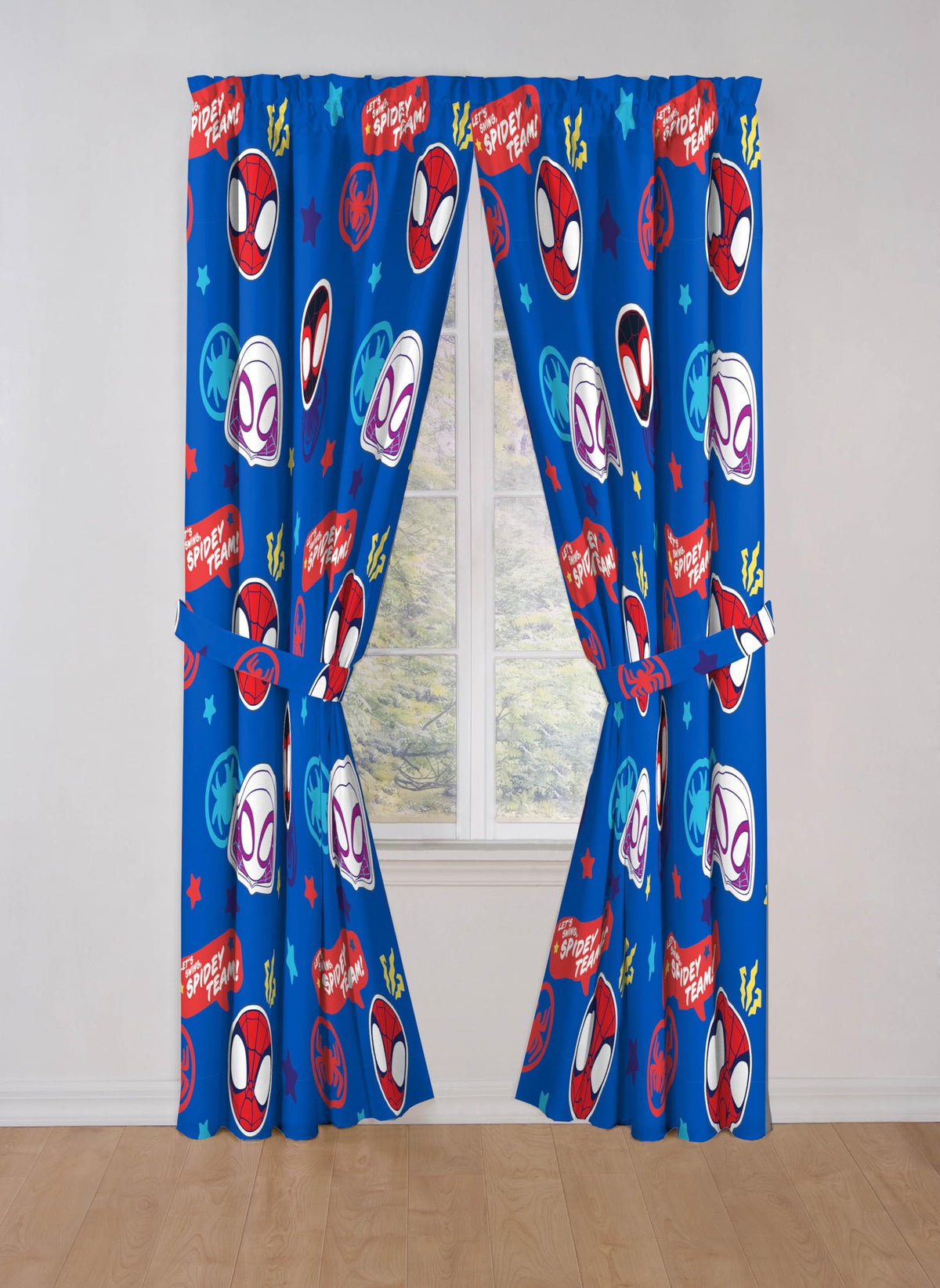Jay Franco Spidey curtains in a kids' bedroom create a soft, inviting sleep space.