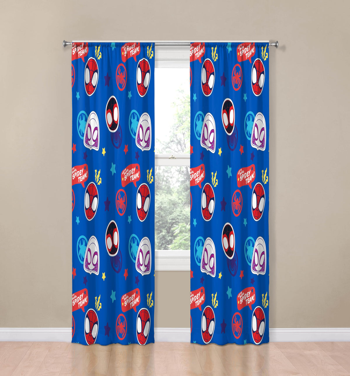 Jay Franco Spidey curtains fabric closeup highlights soft microfiber feel and durable color.