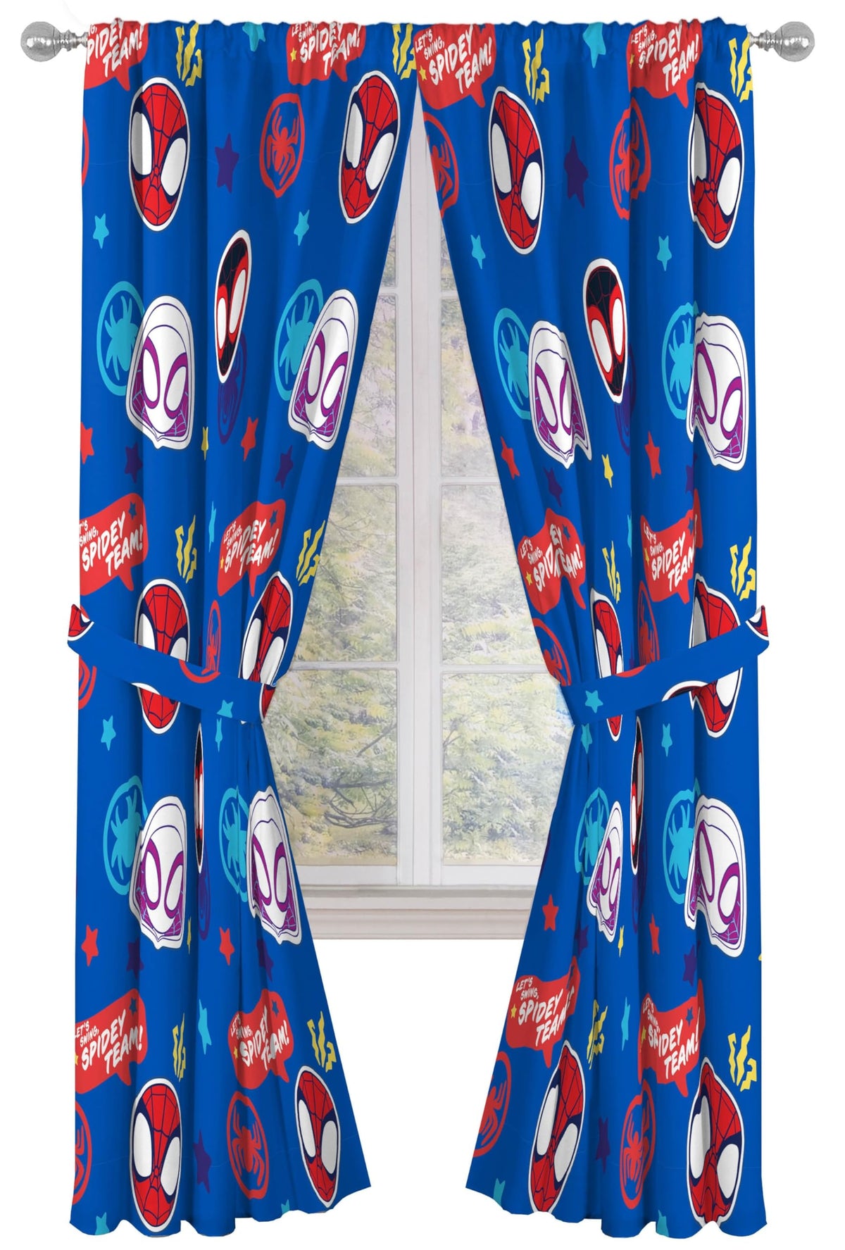Jay Franco Spidey curtains pair front view for vibrant bedroom decor and privacy.