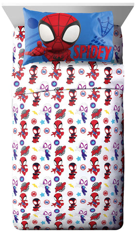 Jay Franco Spidey and Friends sheet set full display for kids' room.