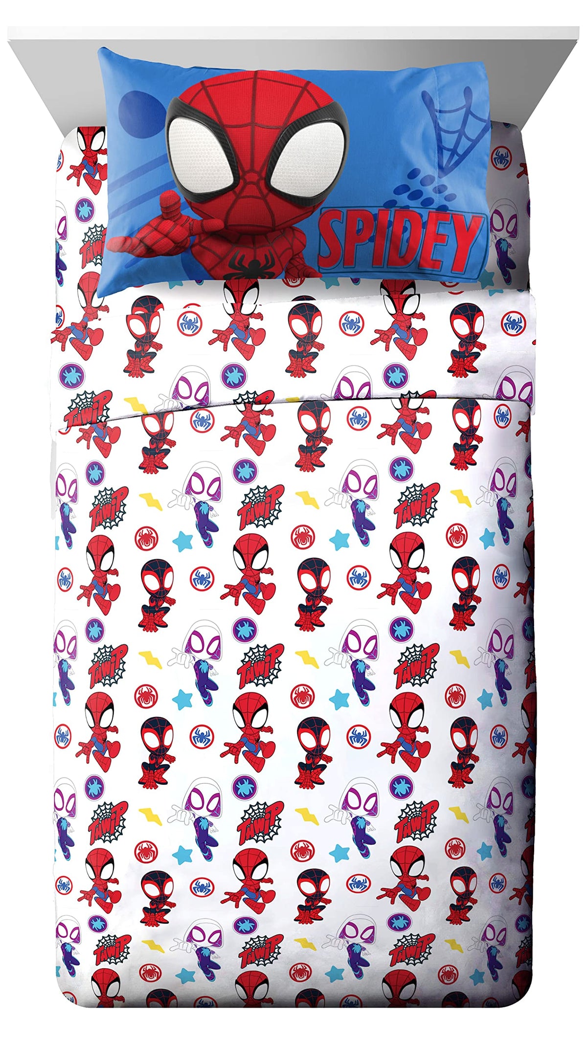 Jay Franco Spidey flat sheet closeup with bold print
