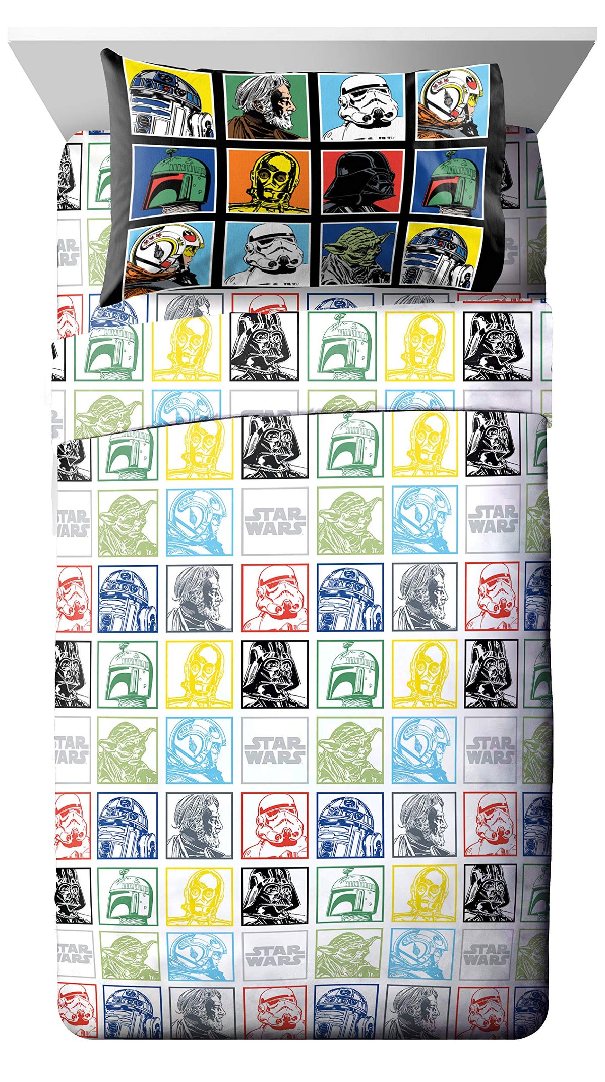 The reversible comforter shows two looks in the Jay Franco Star Wars Grid set.