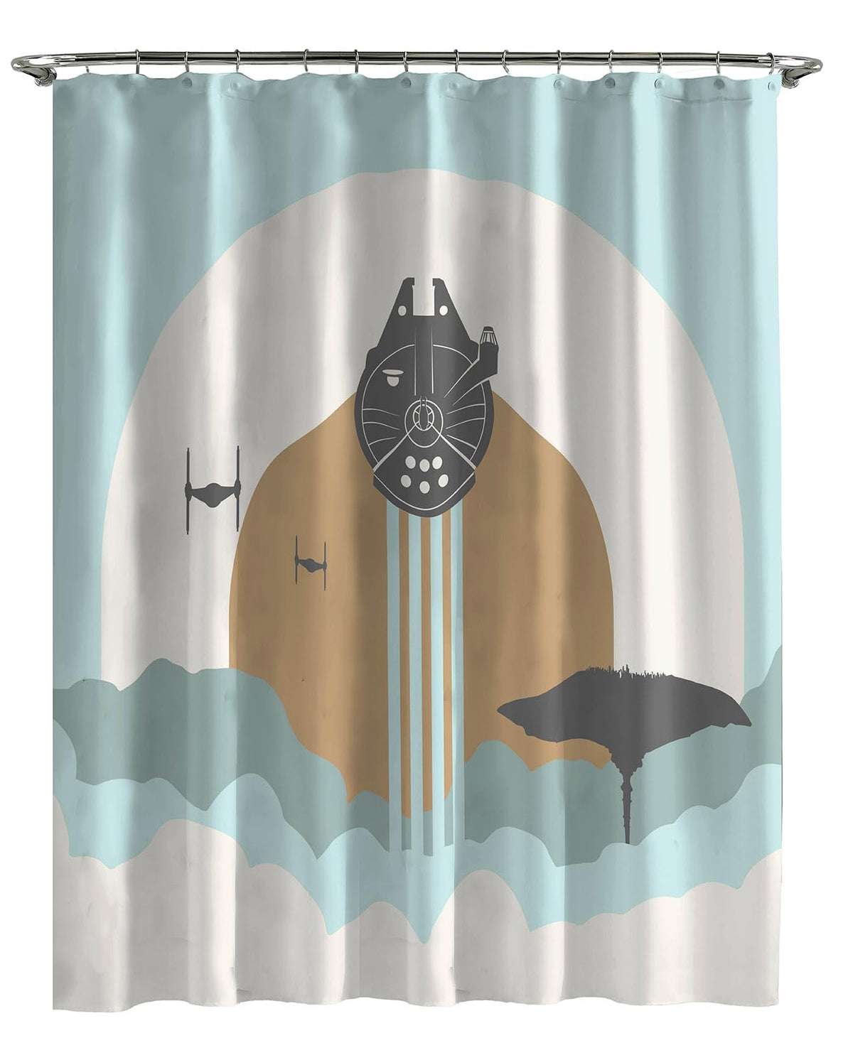 Jay Franco Star Wars curtain featuring Millennium Falcon brightens kids bathroom