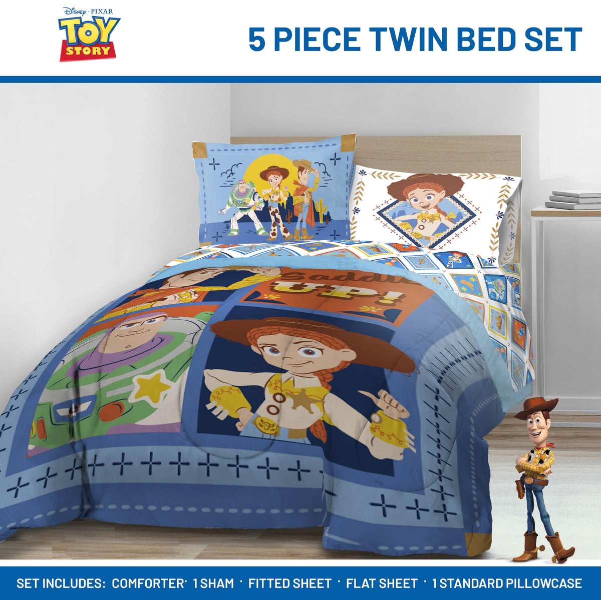 Jay Franco Toy Story comforter set featuring Jessie for bright, playful room styling.