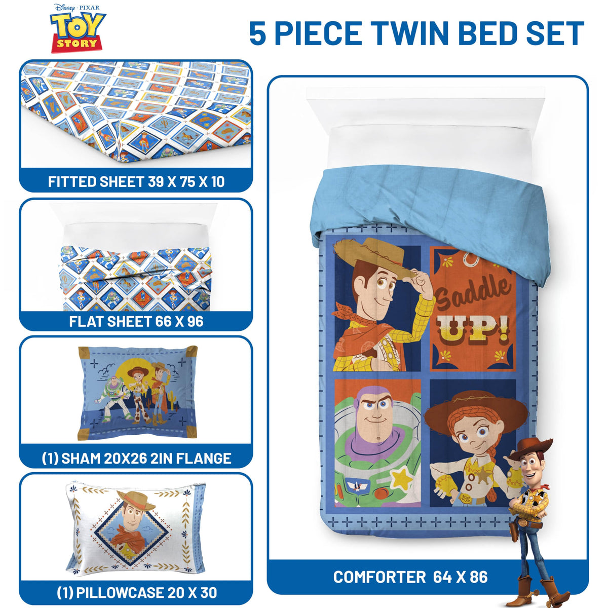 Jay Franco Toy Story fitted sheet with deep-pocket design fits mattresses up to 10 inches.