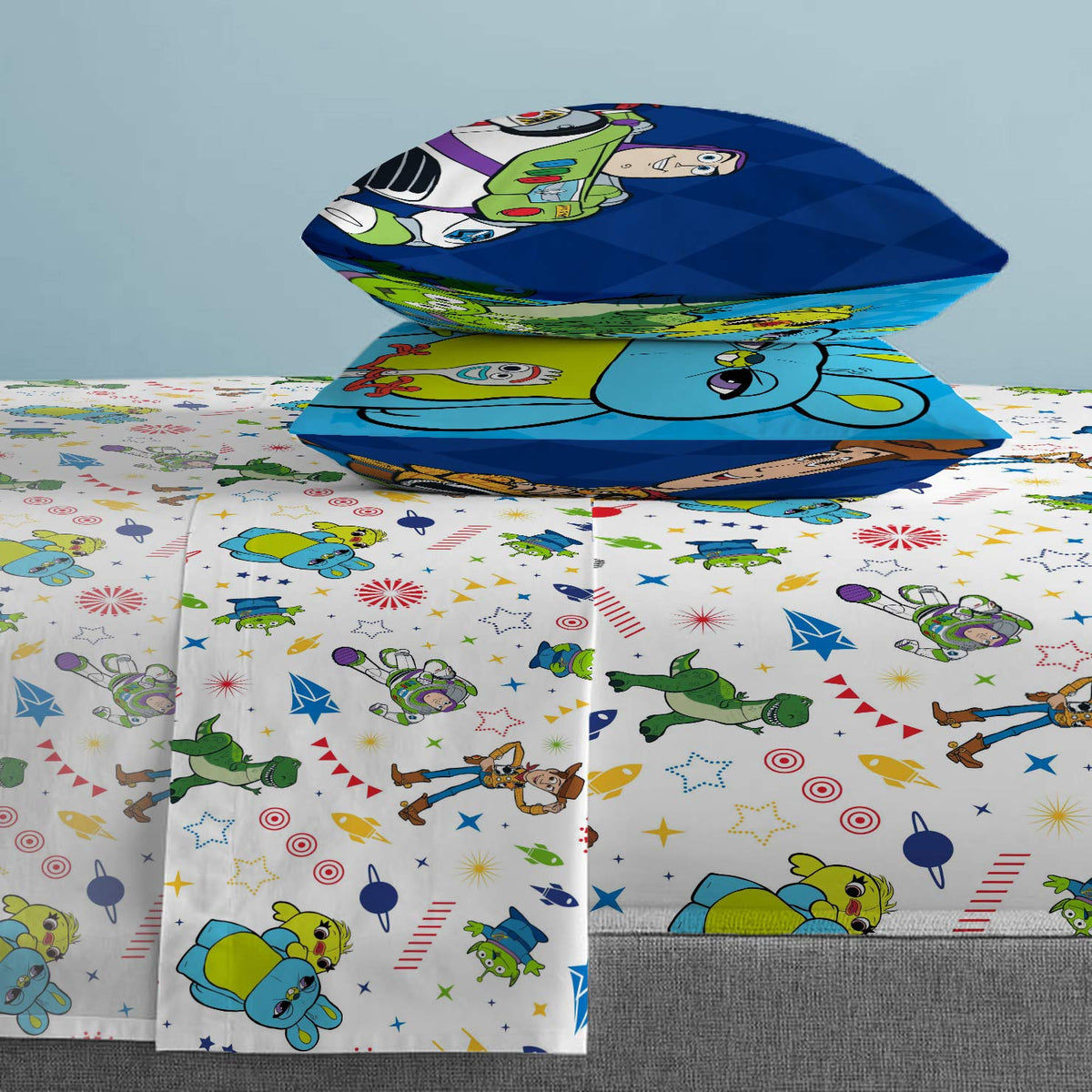 Jay Franco Toy Story pillowcases complete the four-piece bedding set