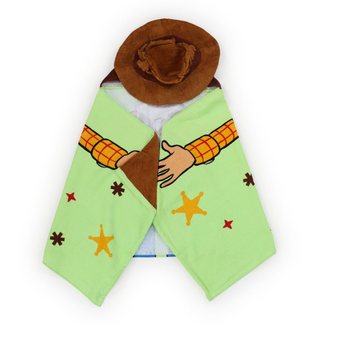 Jay Franco Woody denim vest detail enhances authentic Toy Story styling after baths.
