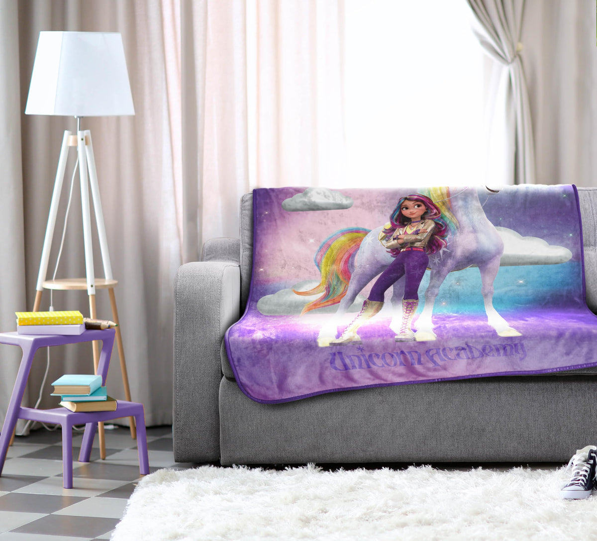 Jay Franco Unicorn Academy blanket for couch-snuggle moments and cozy movie nights.