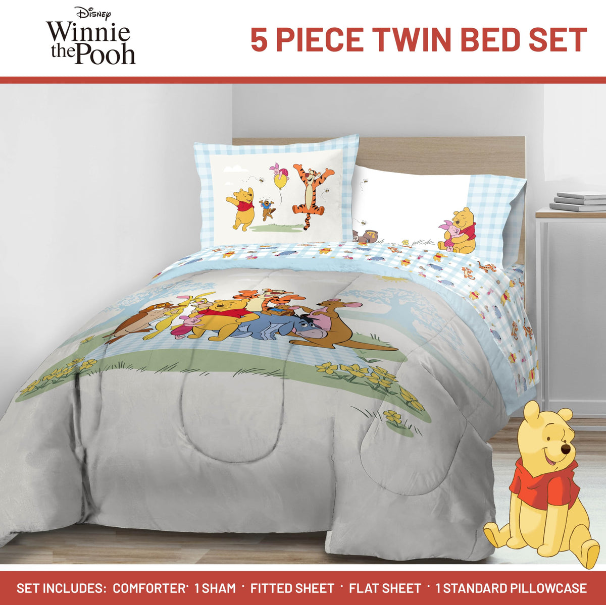 Jay Franco Winnie Pooh comforter pattern close-up highlighting ultra-soft microfiber comfort.