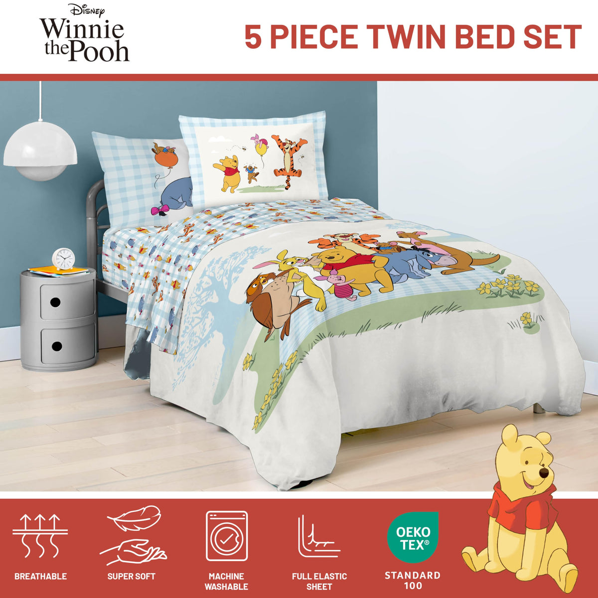 Jay Franco Winnie Pooh pillowcase decorative sham close-up emphasizes playful room decor.