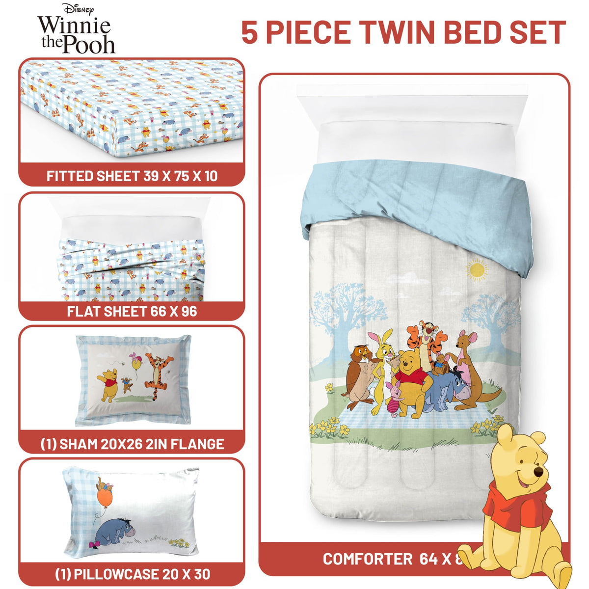 Jay Franco Winnie Pooh sheets pattern shot shows breathable, lightweight fabric for year-round sleep.