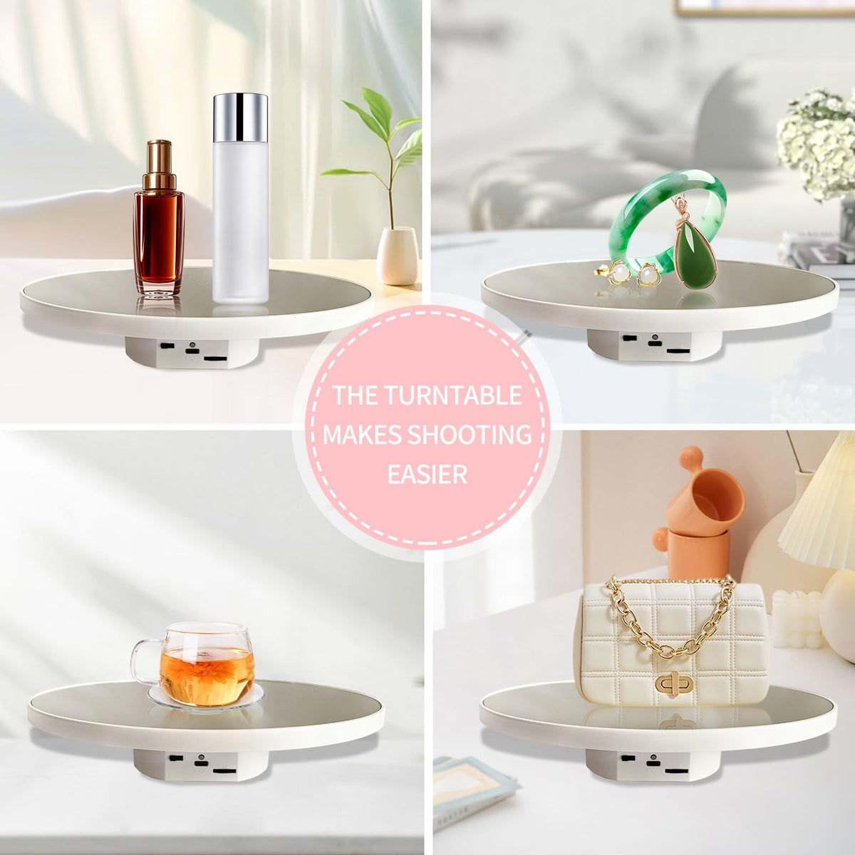 JAYEGT 360-degree turntable with mirror cover for jewelry and cups.