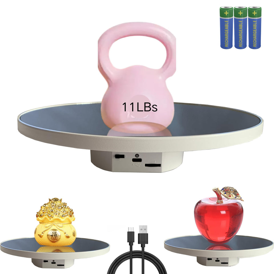 JAYEGT motorized rotating display stand in white for 360° product viewing.