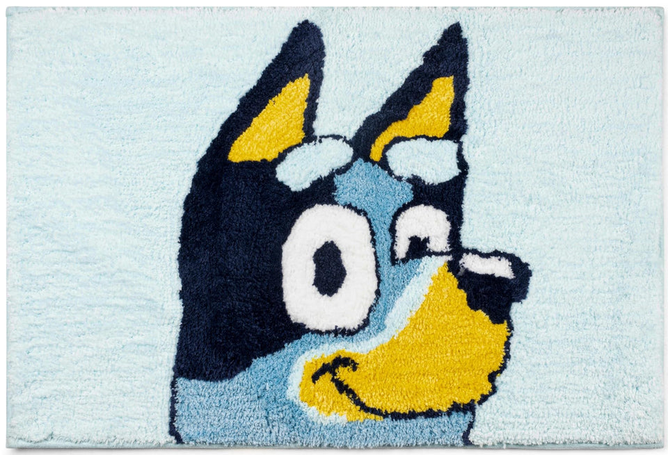 Jay Franco Bluey bath rug front view shows soft, kid-friendly design.
