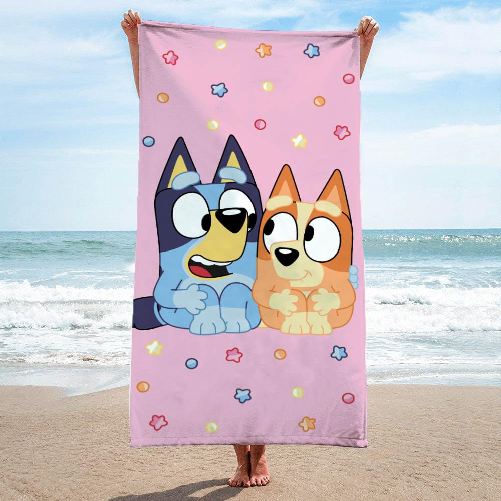 Family uses Bluey & Bingo towel for bath or pool time