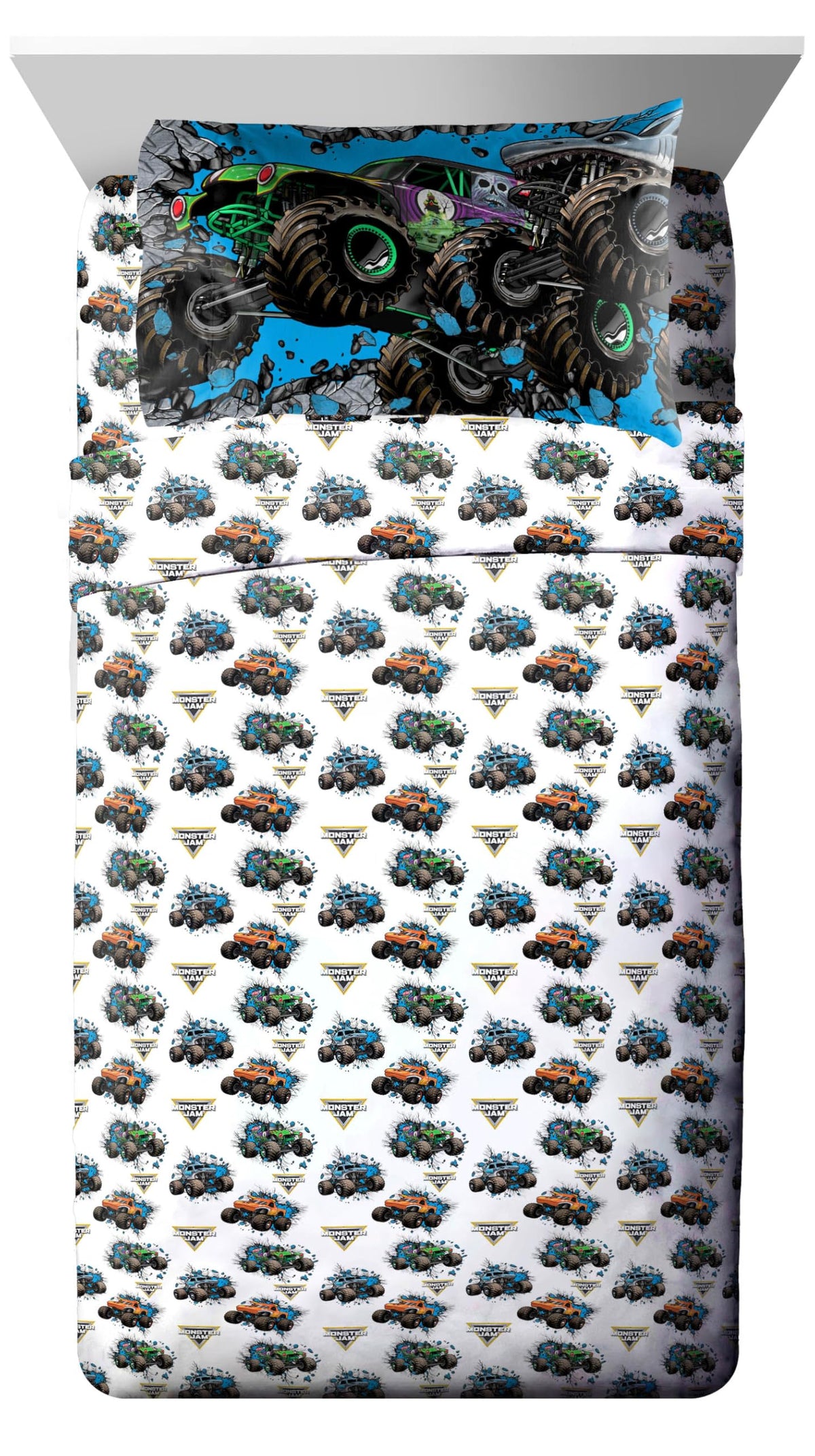 Jay Franco Monster Jam fitted sheet 10in pocket promotes secure fit for twin beds.