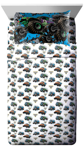 Jay Franco Monster Jam fitted sheet 10in pocket promotes secure fit for twin beds.