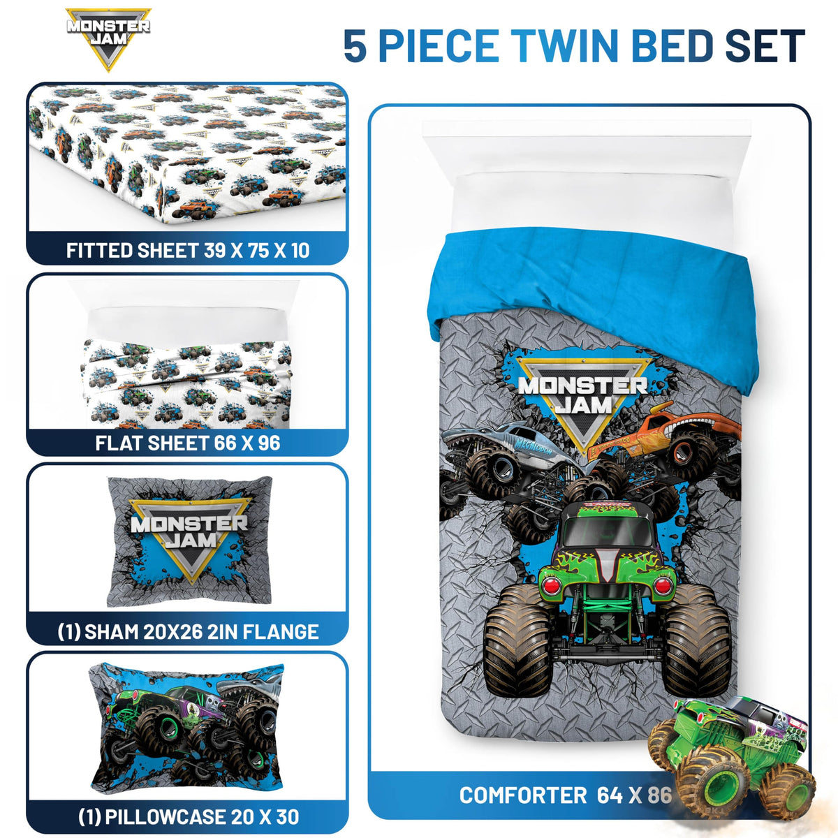 Jay Franco Monster Jam Megalodon design highlights bold colors for adventurous bedtime stories.
