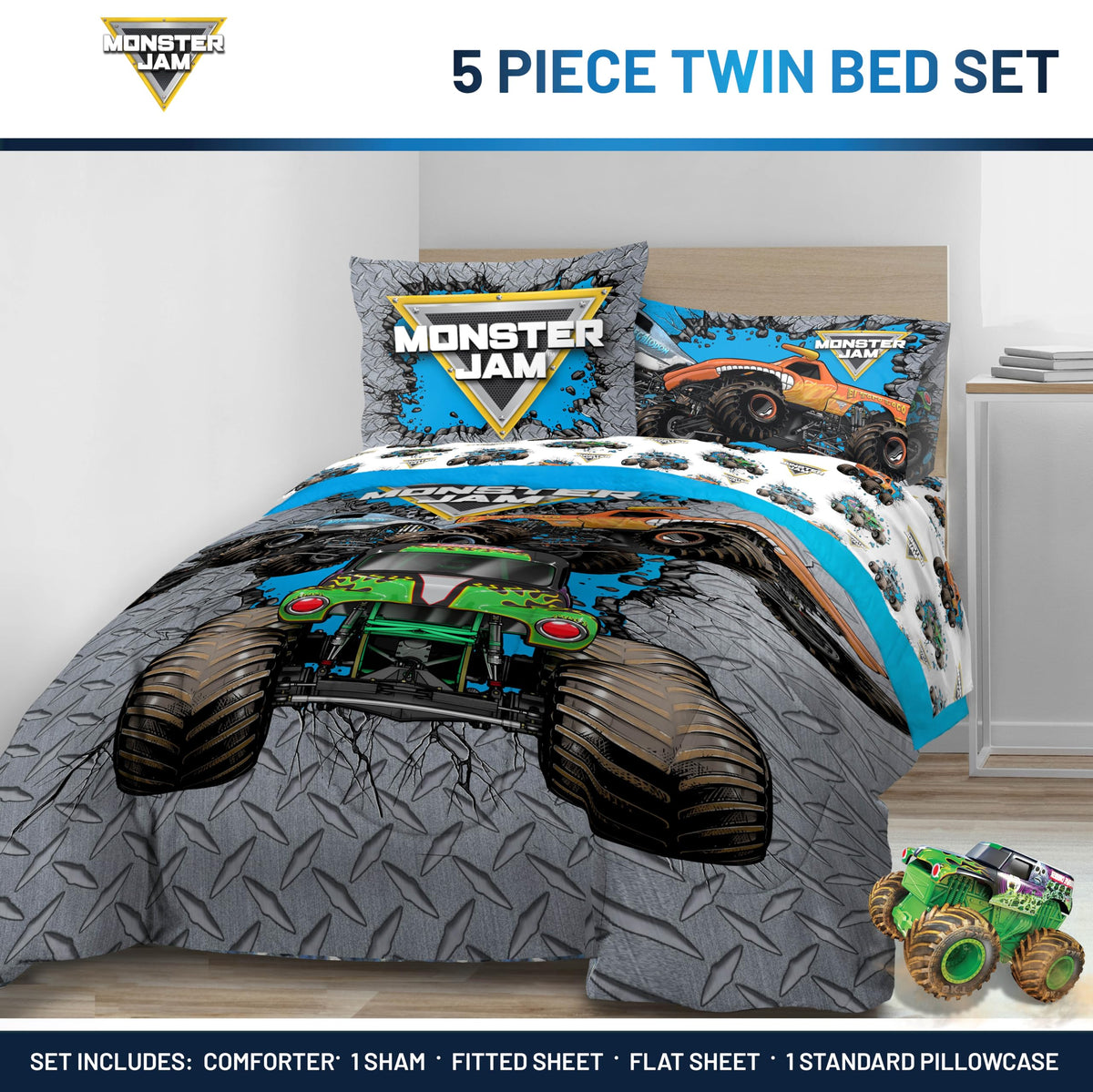 Jay Franco Monster Jam twin bedding on bed shows vibrant licensed designs for playful decor.
