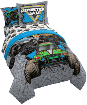 Jay Franco Monster Jam twin comforter texture reveals soft microfiber warmth for cozy nights.