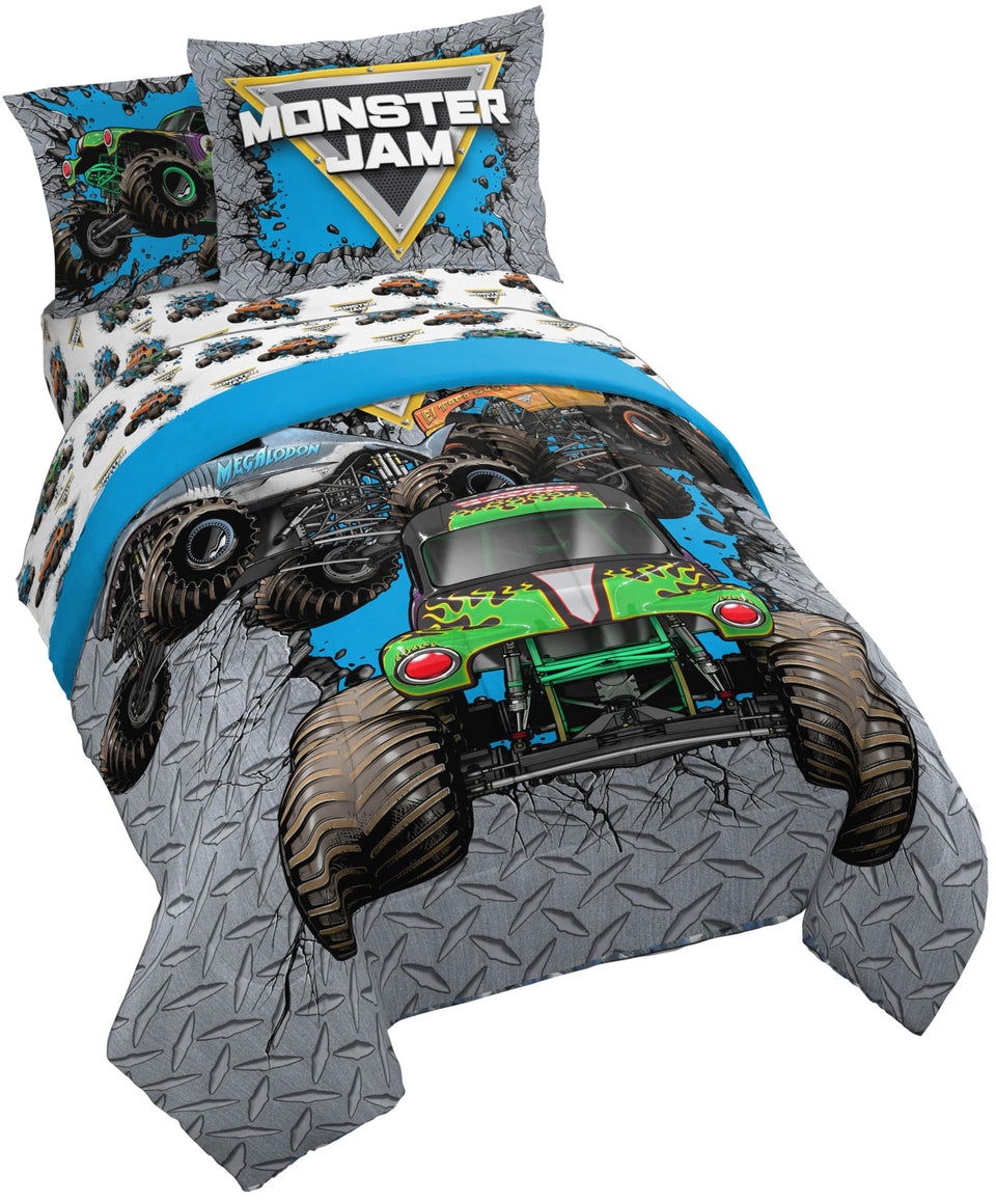 Jay Franco Monster Jam twin comforter texture reveals soft microfiber warmth for cozy nights.
