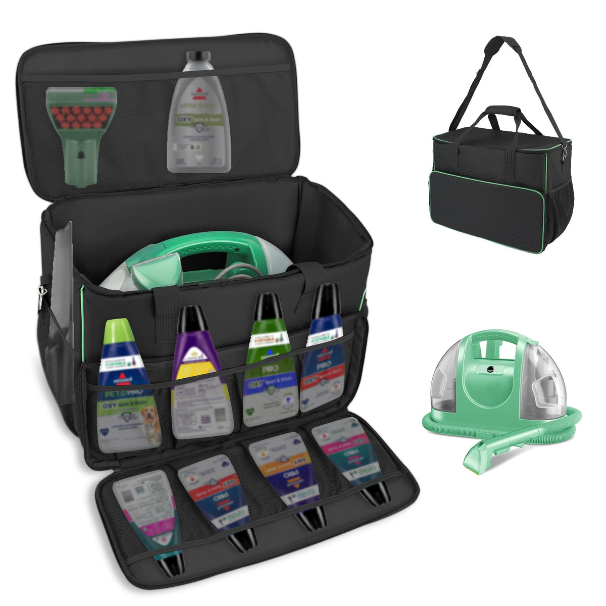 JAYOBGO carry bag for Bissell Little Green 1400B front view showing organized pockets.
