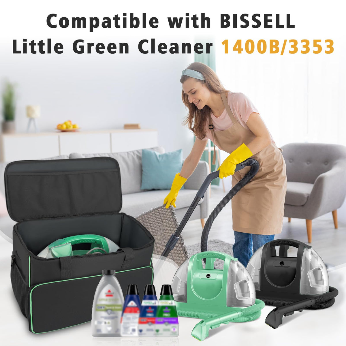 JAYOBGO carry bag for Bissell Little Green 1400B top mesh pockets for quick access.
