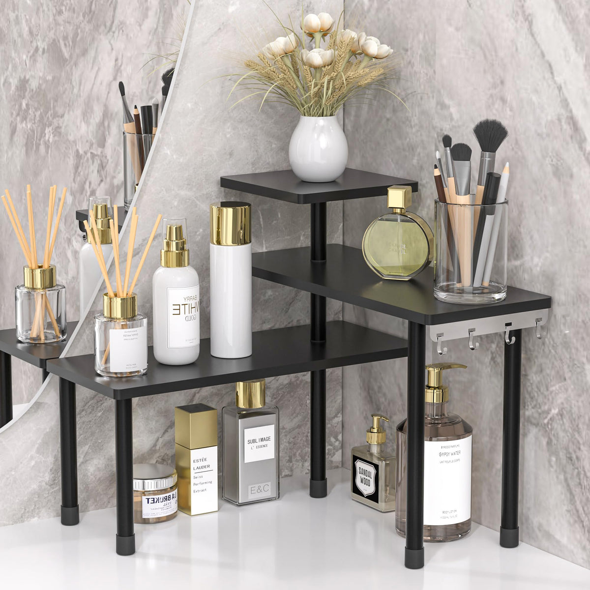 JayRex Countertop Corner Shelf 3-Tier Moveable demonstrates flexible storage for compact countertops.