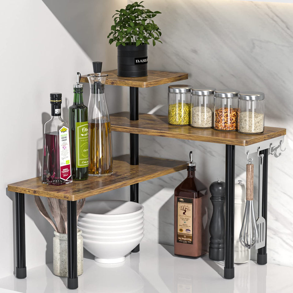 JayRex 3-tier corner shelf in rustic brown, front view showing extra kitchen storage.