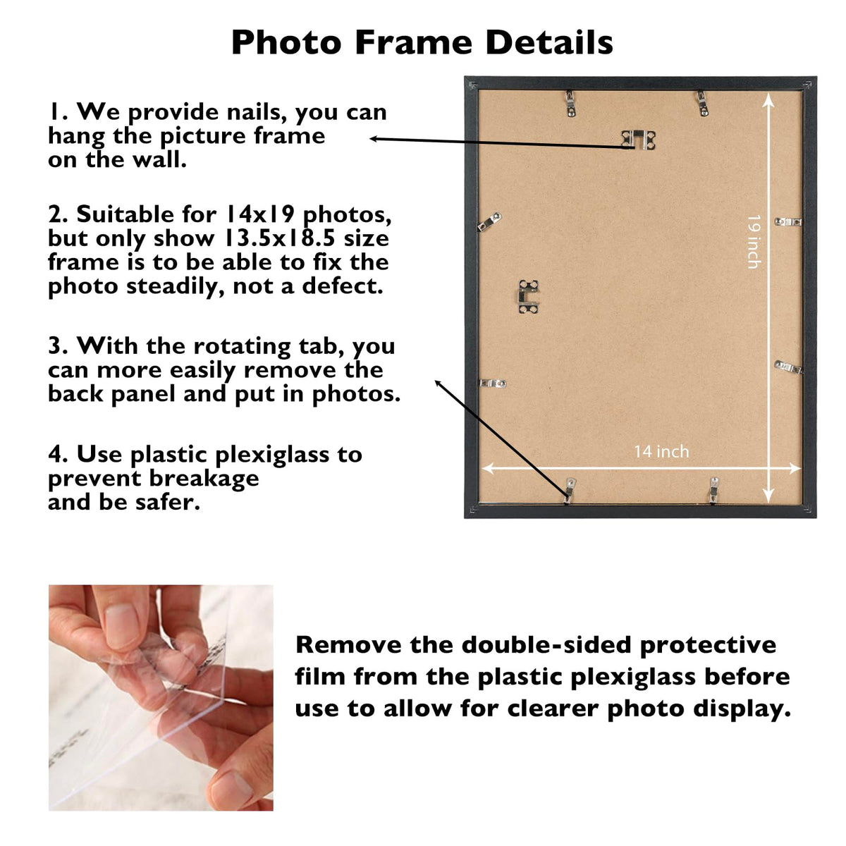 JCJMY 14x19 black frame with rotating back tab for easy photo swapping.