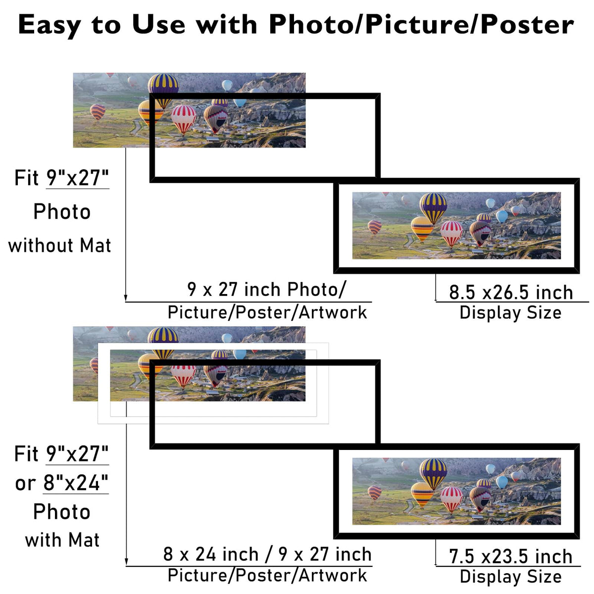 JCJMY black wooden frame for 9x27 posters without mat on walls.