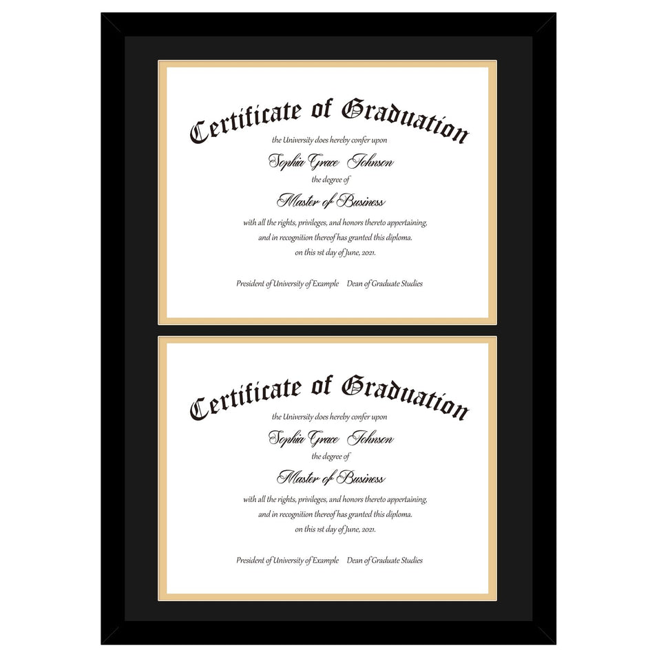 JCJMY double 8.5x11 diploma frame with black-gold front displaying two certificates in style