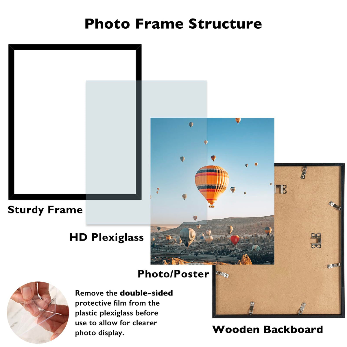 JCJMY frame back with two hooks enables horizontal or vertical mounting.