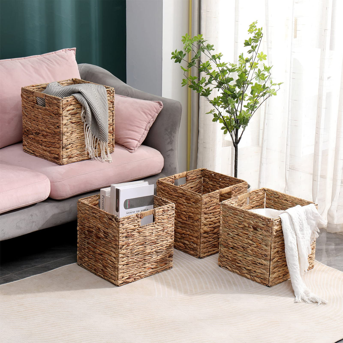 Stackable design shown with towels for organized storage