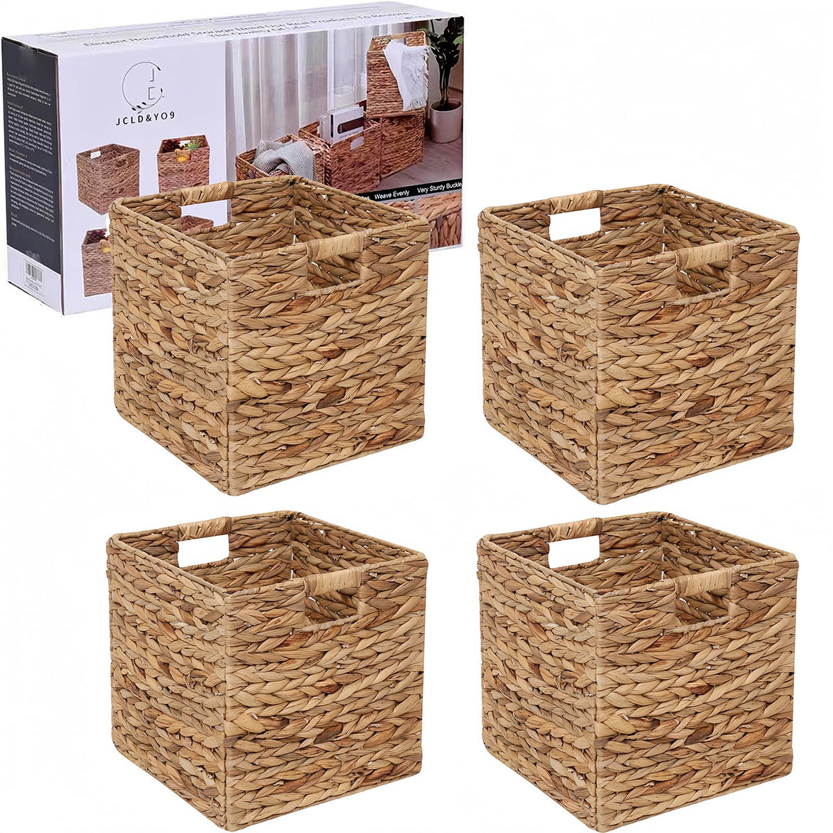 JCLD&YO9 water hyacinth baskets set of four, front view on a cube shelf