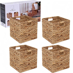 JCLD&YO9 water hyacinth baskets set of four, front view on a cube shelf