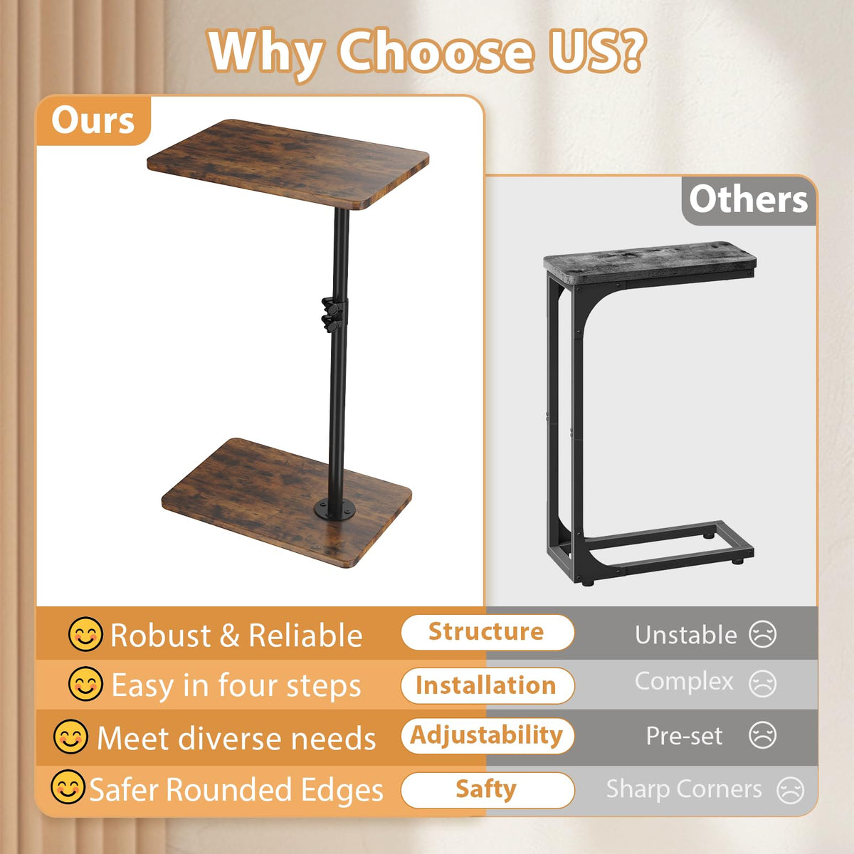 JCMCDO C shaped end table with adjustable height for comfortable positioning