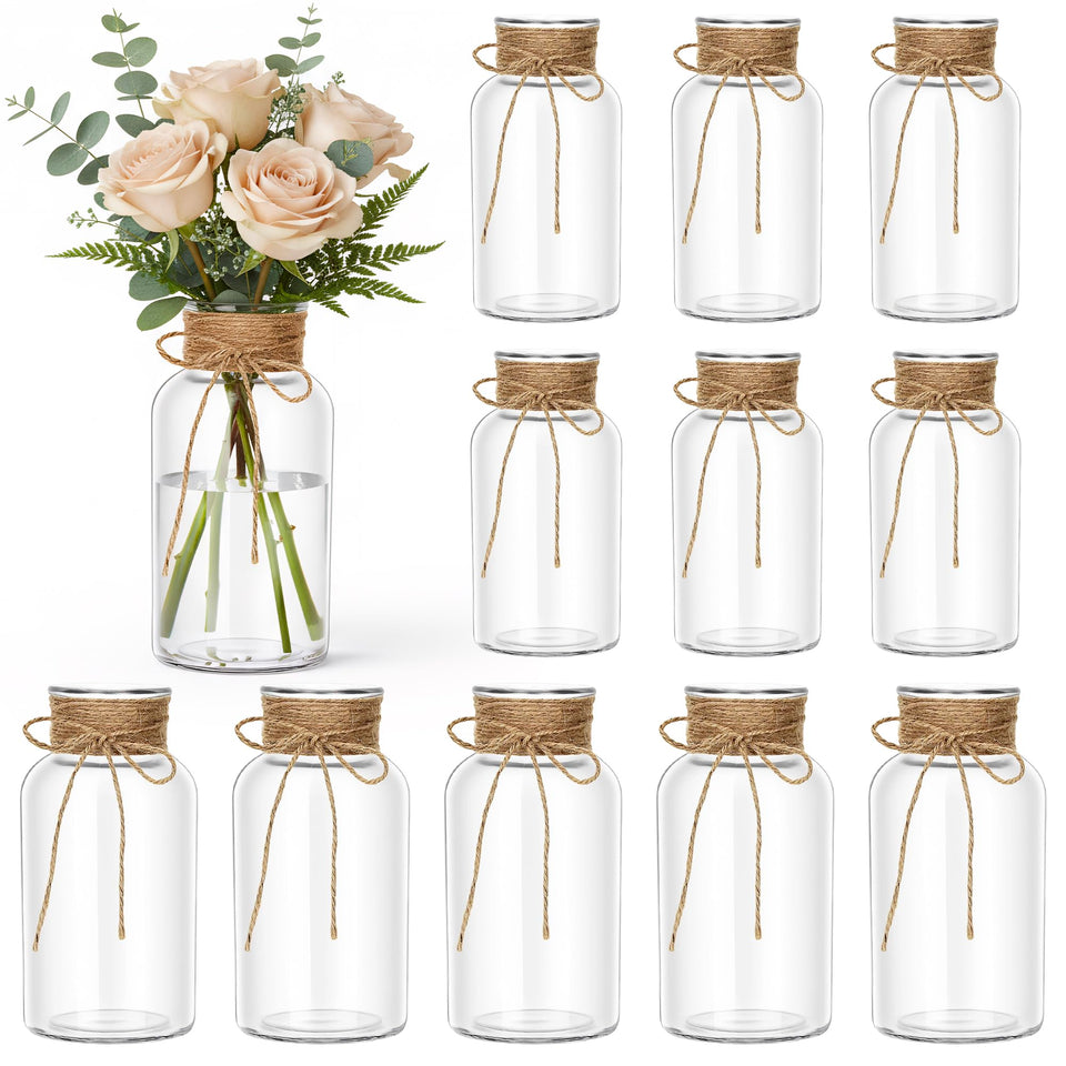 JCPuff mason jar centerpiece 12-pack in clear glass for elegant wedding decor.