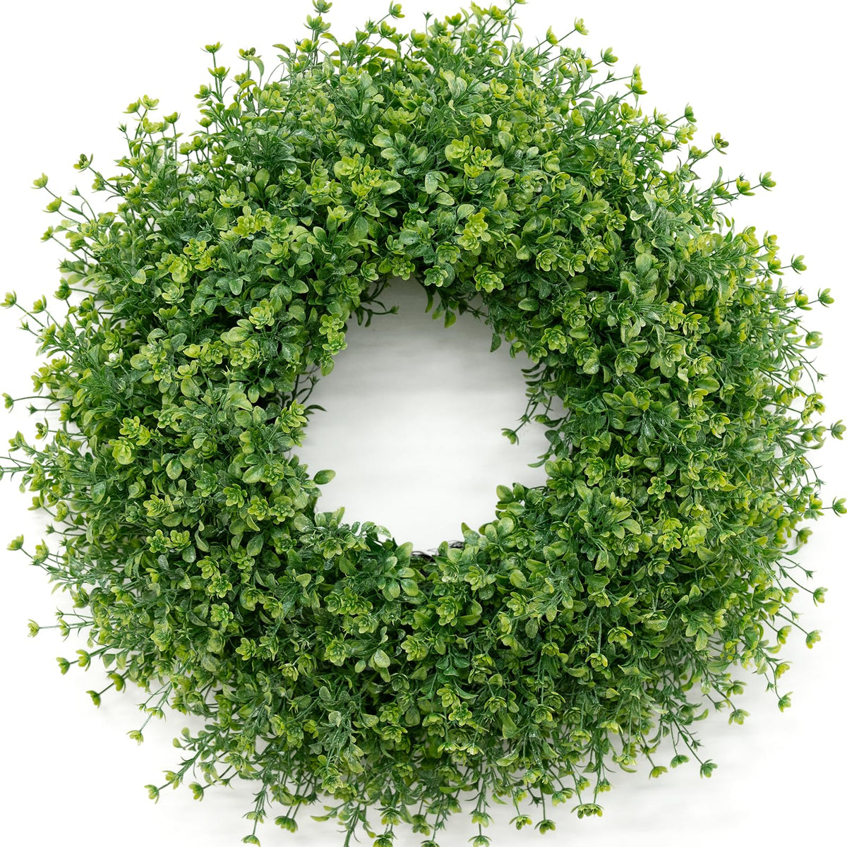 JDKPK 28 Inch Boxwood Wreath with front-door close-up, ideal for year-round welcoming decor.