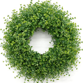 JDKPK 28 Inch Boxwood Wreath with front-door close-up, ideal for year-round welcoming decor.