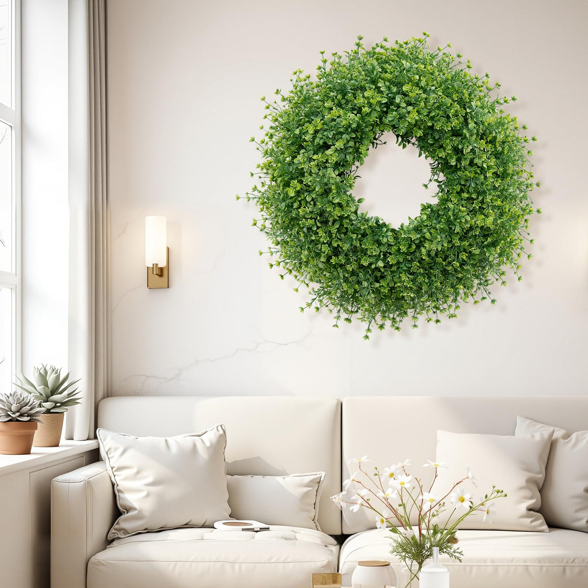 JDKPK boxwood wreath on grapevine base offers durable indoor and outdoor decor.