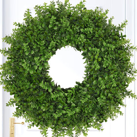 JDKPK 26-inch boxwoods wreath with lush leaves, ideal for inviting front-door entrances
