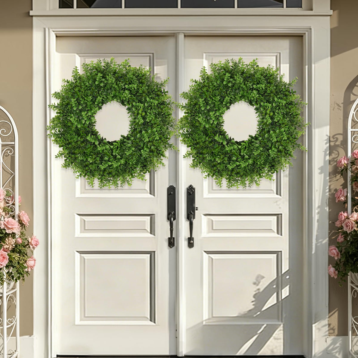 JDKPK boxwoods wreath on a bright doorway, showcasing durable, fade-resistant greenery